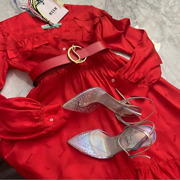 NWT❤️MSGM ❤️Red ALL OVER MSGM LOGO satin ruffle button dress