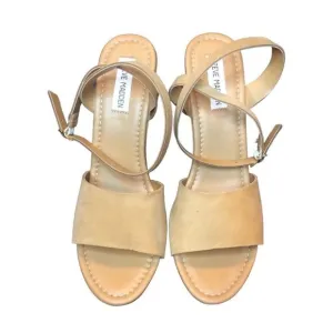 NWT Steven Madden Tan Khaki Sandals Open Toe Back Cross Straps Wide Wedge Sz: 10