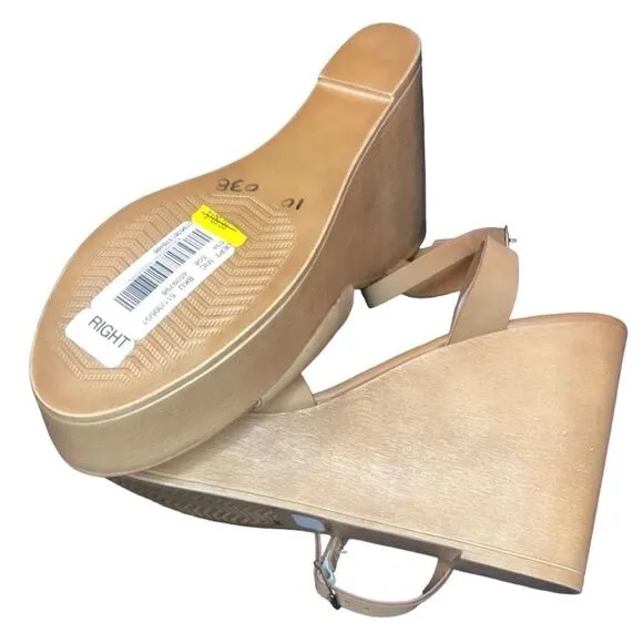 NWT Steven Madden Tan Khaki Sandals Open Toe Back Cross Straps Wide Wedge Sz: 10