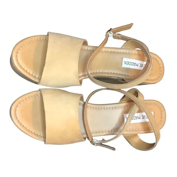 NWT Steven Madden Tan Khaki Sandals Open Toe Back Cross Straps Wide Wedge Sz: 10