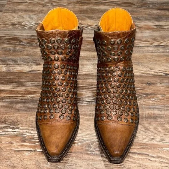 OLD GRINGO leather zip up booties brown with copper accent’s woman’s size 7B.