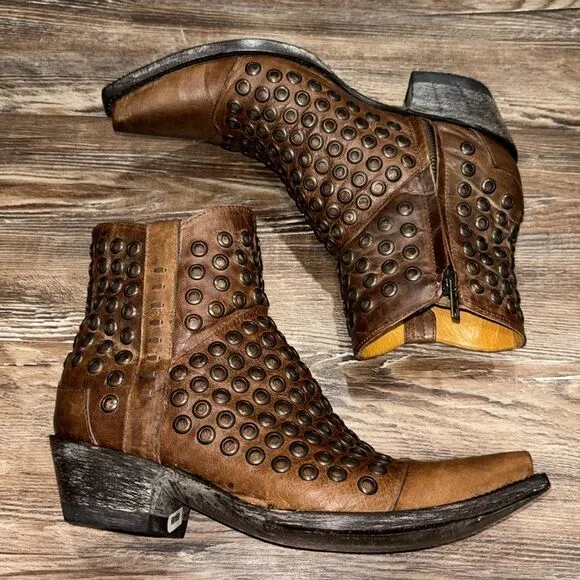 OLD GRINGO leather zip up booties brown with copper accent’s woman’s size 7B.