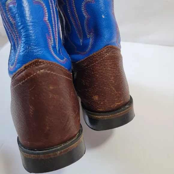 Old West Leather Brown Blue Western Boots Boys Sz 7D Rodeo Barn Country Style