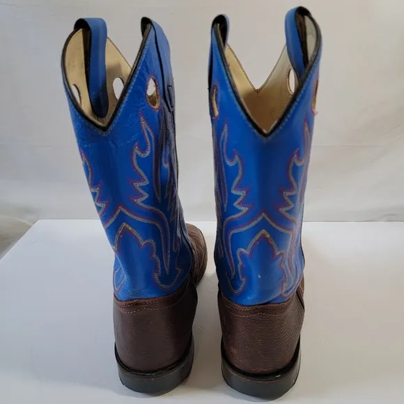 Old West Leather Brown Blue Western Boots Boys Sz 7D Rodeo Barn Country Style