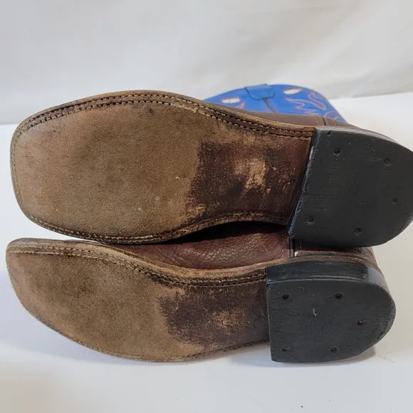 Old West Leather Brown Blue Western Boots Boys Sz 7D Rodeo Barn Country Style