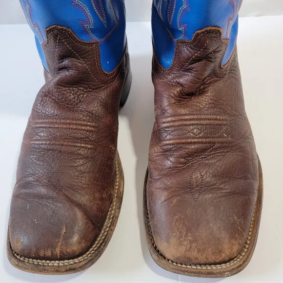 Old West Leather Brown Blue Western Boots Boys Sz 7D Rodeo Barn Country Style