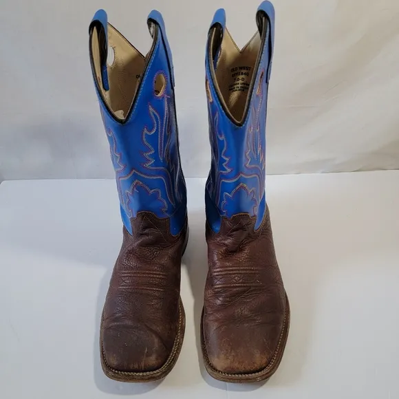 Old West Leather Brown Blue Western Boots Boys Sz 7D Rodeo Barn Country Style
