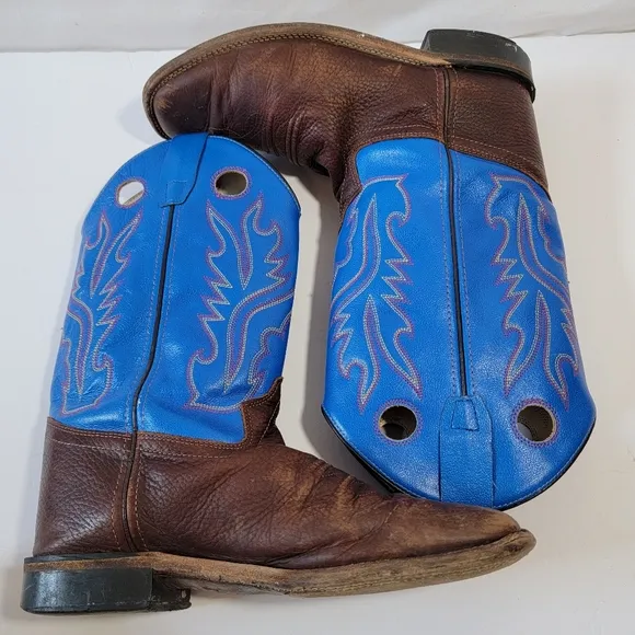 Old West Leather Brown Blue Western Boots Boys Sz 7D Rodeo Barn Country Style