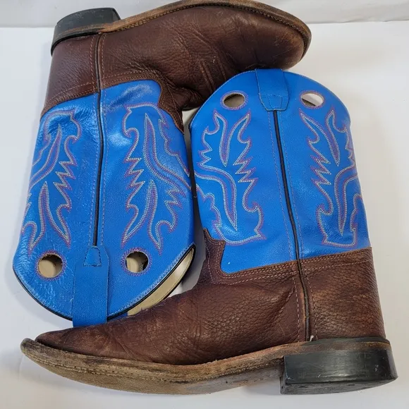 Old West Leather Brown Blue Western Boots Boys Sz 7D Rodeo Barn Country Style