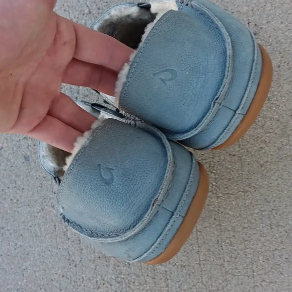 OluKai Kipuka Hulu Slippers Mens Blue Leather Casual Shoes Wool Shearling Lined