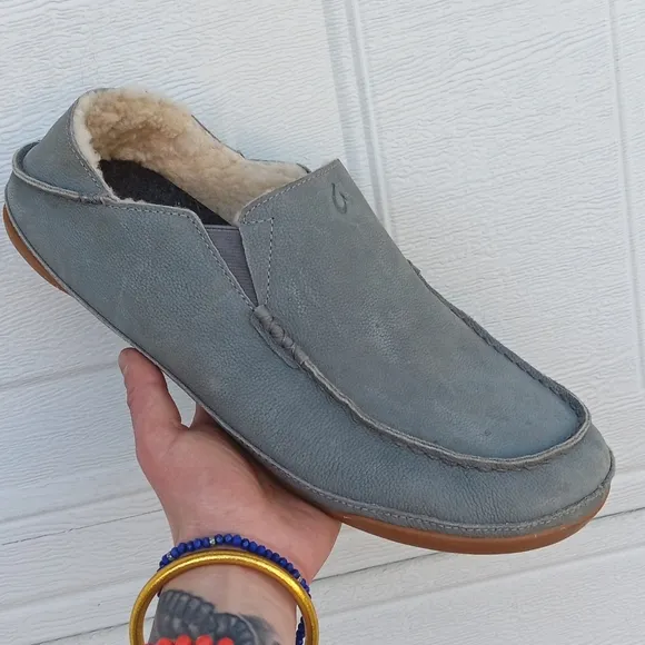 OluKai Kipuka Hulu Slippers Mens Blue Leather Casual Shoes Wool Shearling Lined