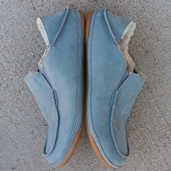 OluKai Kipuka Hulu Slippers Mens Blue Leather Casual Shoes Wool Shearling Lined