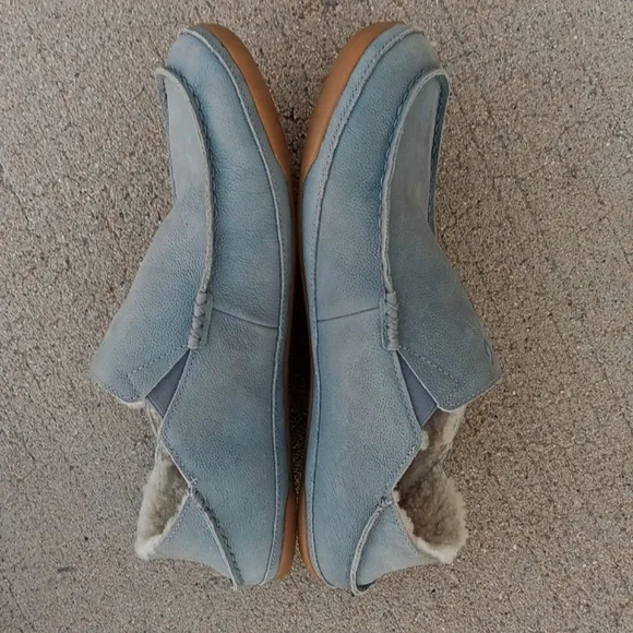 OluKai Kipuka Hulu Slippers Mens Blue Leather Casual Shoes Wool Shearling Lined