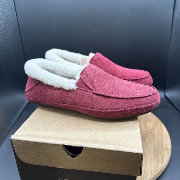 Olukai Ku’una Likikoi Womens Size 6 Slippers Shoes Red Velvet Shearling Moccasin