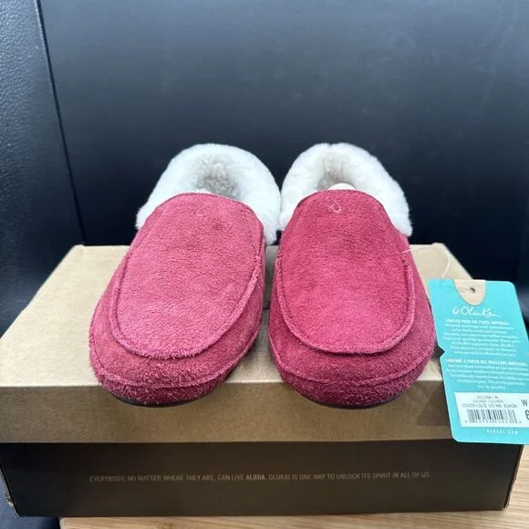 Olukai Ku’una Likikoi Womens Size 6 Slippers Shoes Red Velvet Shearling Moccasin