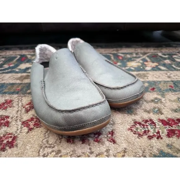Olukai Men's Gray Genuine Leather Shearling Moloa Slippers Loafer Shoes Size 14