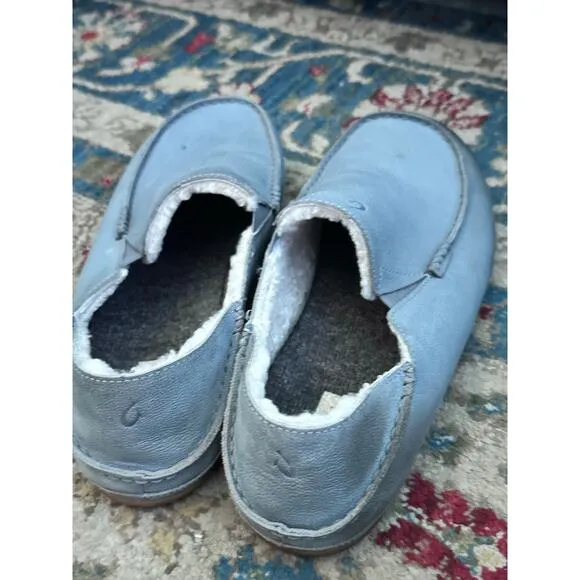 Olukai Men's Gray Genuine Leather Shearling Moloa Slippers Loafer Shoes Size 14