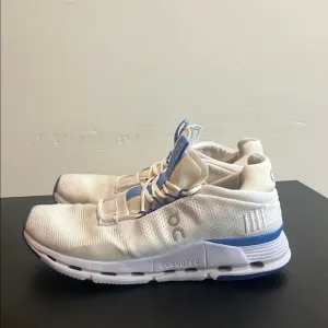 On White and Blue Athletic Sneakers