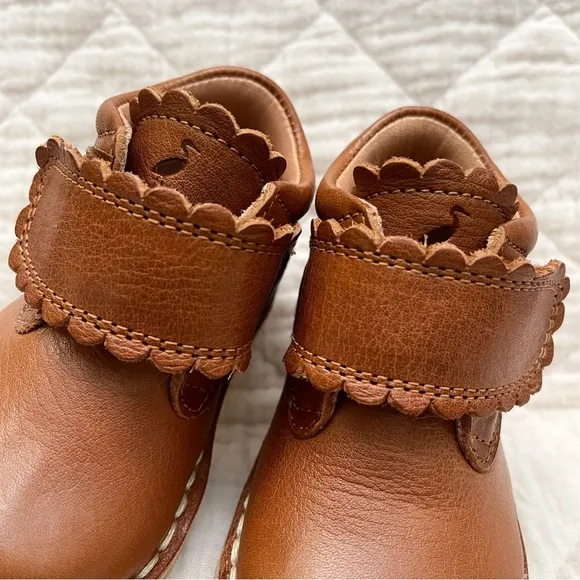 PETIT NORD NWOT Scallop Velcro Leather Cognac Heirloom Toddler Boots EU 19/US 4