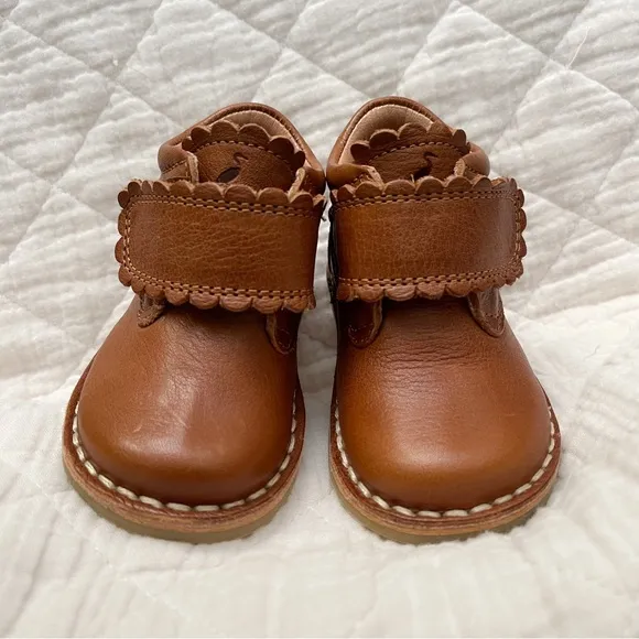 PETIT NORD NWOT Scallop Velcro Leather Cognac Heirloom Toddler Boots EU 19/US 4