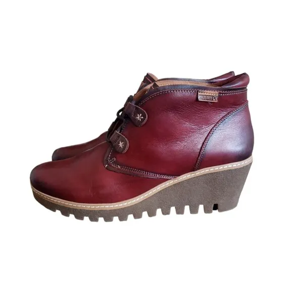 Pikolinos Zafiro &amp; Olmo Maple Red Leather Wedge Ankle Boots Women's Sz 10.5
