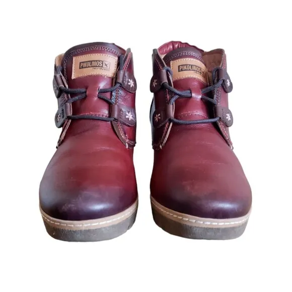 Pikolinos Zafiro &amp; Olmo Maple Red Leather Wedge Ankle Boots Women's Sz 10.5
