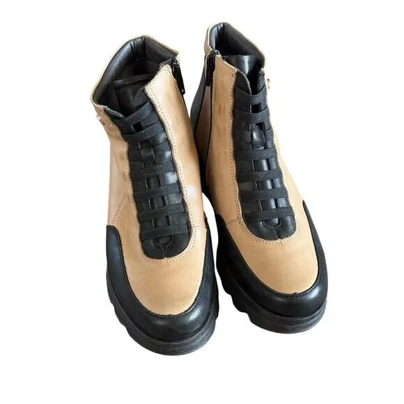 Pitillos Womens Two-Tone Black &amp; Beige Leather Ankle Boots Size 40 Made in Spain