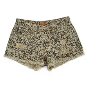 POL Leopard Print Denim Shorts Women’s Distressed Raw Hem High Rise Grunge Y2K