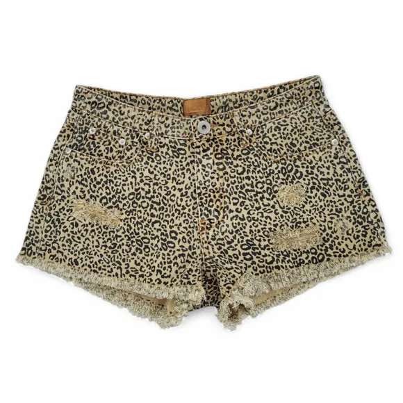 POL Leopard Print Denim Shorts Women’s Distressed Raw Hem High Rise Grunge Y2K