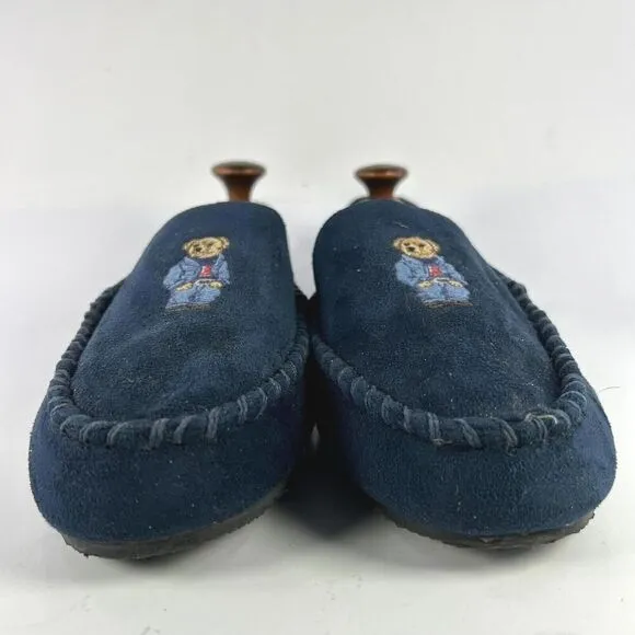 POLO RALPH LAUREN Dezi Bear Slippers US 12 Blue Velvet Lined MOCASSINS Shoes