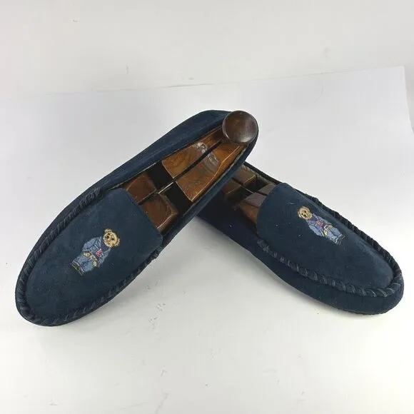 POLO RALPH LAUREN Dezi Bear Slippers US 12 Blue Velvet Lined MOCASSINS Shoes