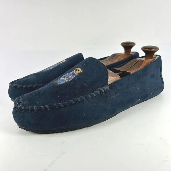 POLO RALPH LAUREN Dezi Bear Slippers US 12 Blue Velvet Lined MOCASSINS Shoes