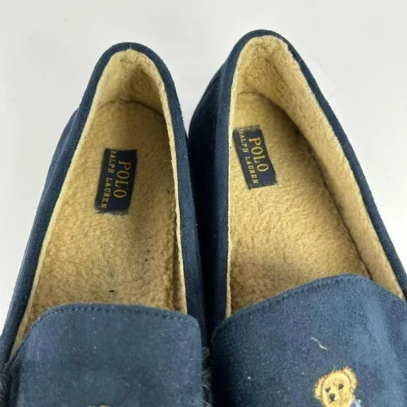 POLO RALPH LAUREN Dezi Bear Slippers US 12 Blue Velvet Lined MOCASSINS Shoes