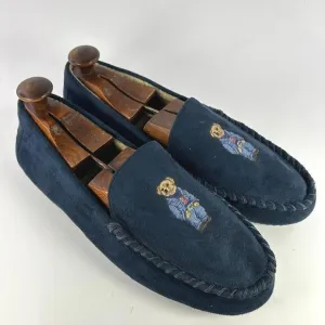 POLO RALPH LAUREN Dezi Bear Slippers US 12 Blue Velvet Lined MOCASSINS Shoes