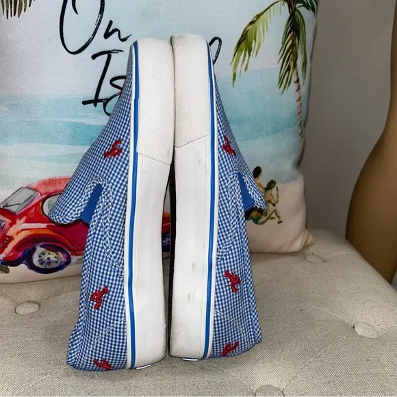 Polo Ralph Lauren Red Lobster Embroidery Blue Gingham Slip-On Sneakers Size 8.5