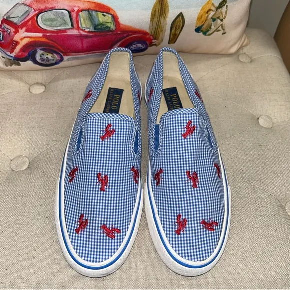 Polo Ralph Lauren Red Lobster Embroidery Blue Gingham Slip-On Sneakers Size 8.5