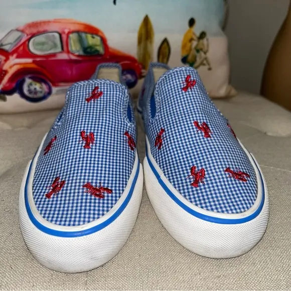 Polo Ralph Lauren Red Lobster Embroidery Blue Gingham Slip-On Sneakers Size 8.5