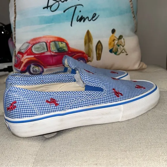 Polo Ralph Lauren Red Lobster Embroidery Blue Gingham Slip-On Sneakers Size 8.5
