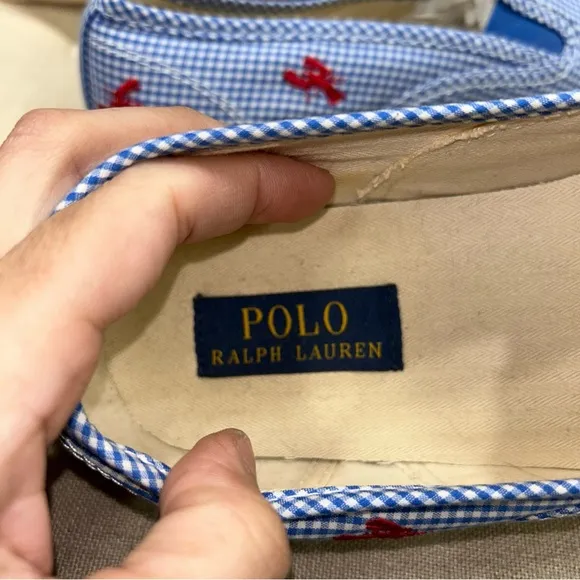 Polo Ralph Lauren Red Lobster Embroidery Blue Gingham Slip-On Sneakers Size 8.5