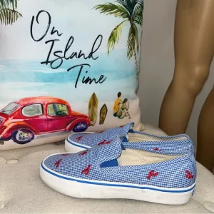 Polo Ralph Lauren Red Lobster Embroidery Blue Gingham Slip-On Sneakers Size 8.5