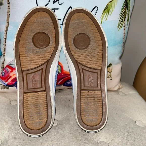 Polo Ralph Lauren Red Lobster Embroidery Blue Gingham Slip-On Sneakers Size 8.5