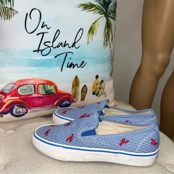Polo Ralph Lauren Red Lobster Embroidery Blue Gingham Slip-On Sneakers Size 8.5