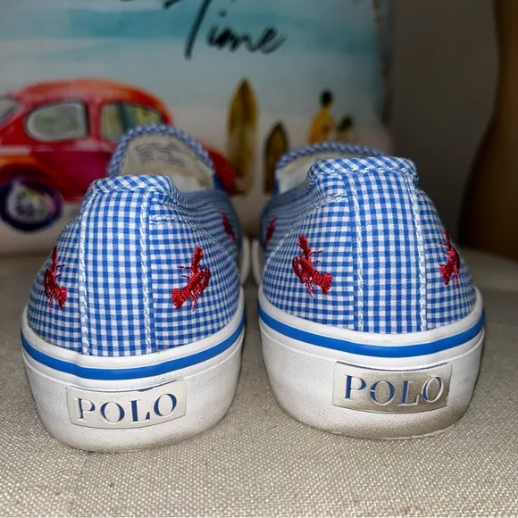 Polo Ralph Lauren Red Lobster Embroidery Blue Gingham Slip-On Sneakers Size 8.5
