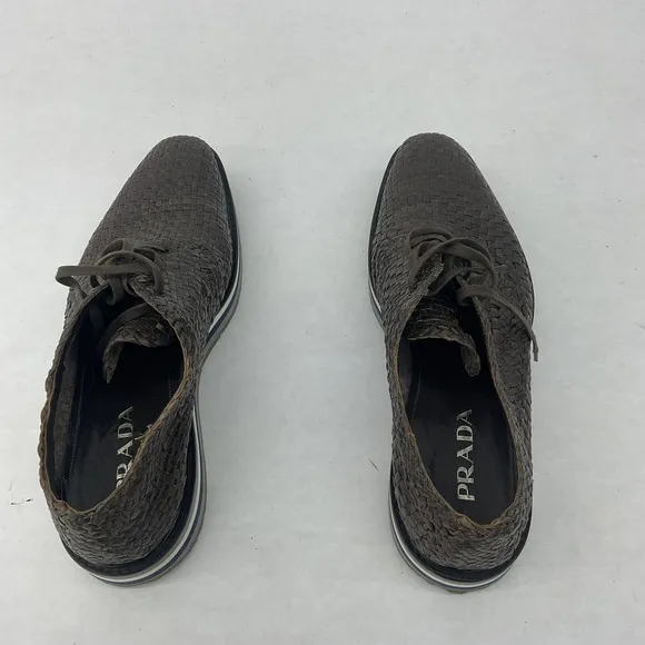 Prada Men's Brown Leather Braided Design Round Toe Derby Dress Shoes - Size 12