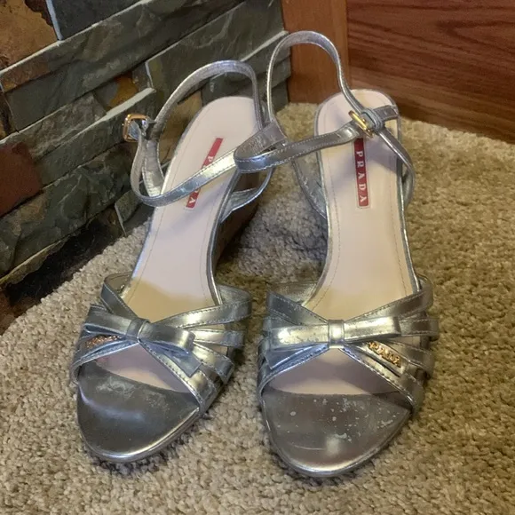 Prada Silver Wedge Sandals for Women 39.5 (9 1/2)
