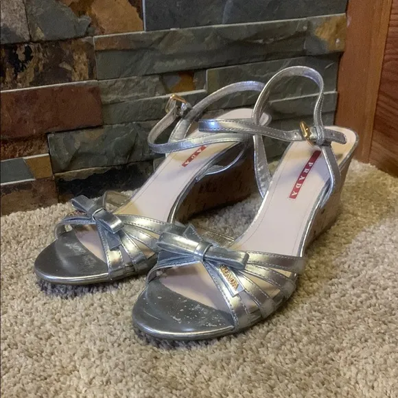 Prada Silver Wedge Sandals for Women 39.5 (9 1/2)
