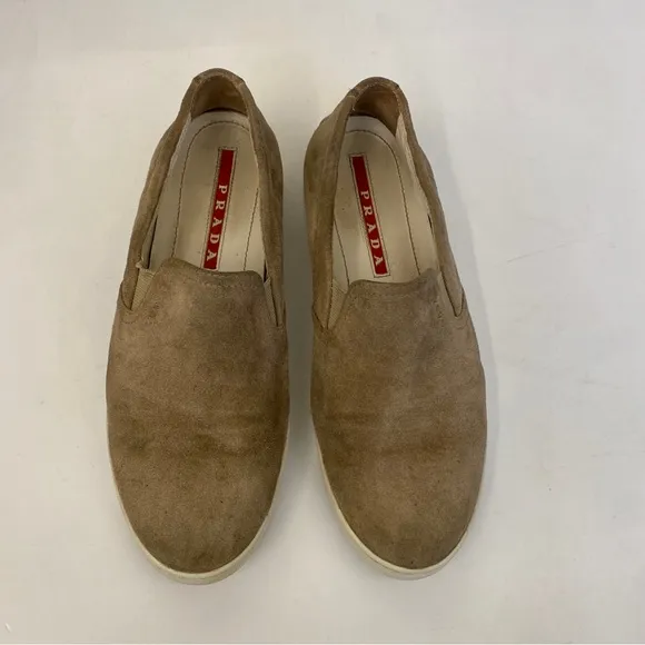 Prada || Suede Slip On Sneakers Tan Beige 38.5