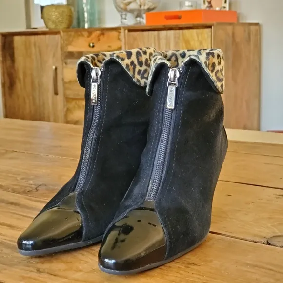 Prevata Made in Italy Women's Black Suede Leopard Cuff Heeled Boots Size 6