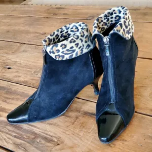 Prevata Made in Italy Women's Black Suede Leopard Cuff Heeled Boots Size 6
