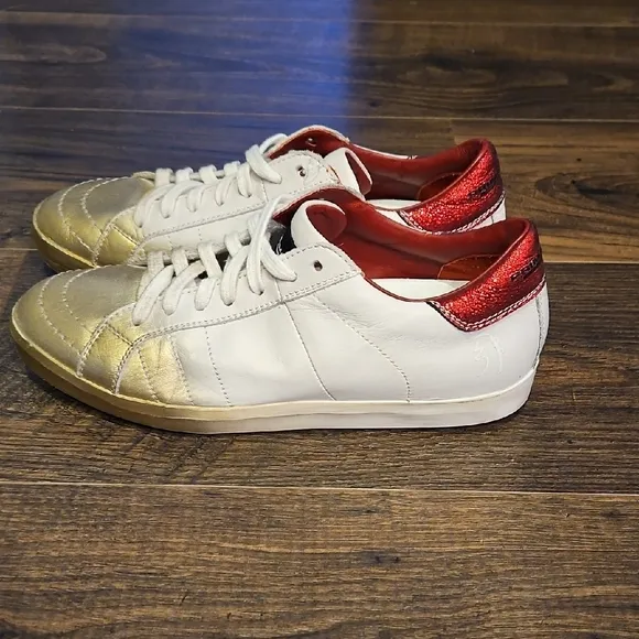 Primabase Forma White and Gold Sneakers with Red Accents Sz 39